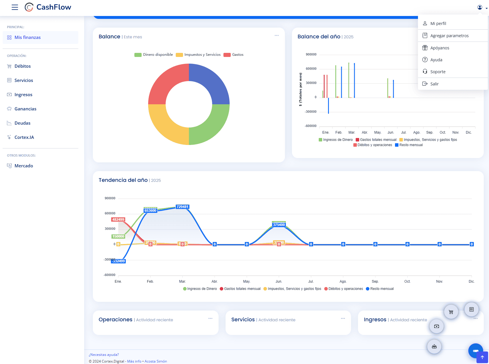 Vista ampliada de la interfaz de CashFlow con accesos a Débitos, Servicios, Ingresos, Ganancias, Deudas y Cortex IA