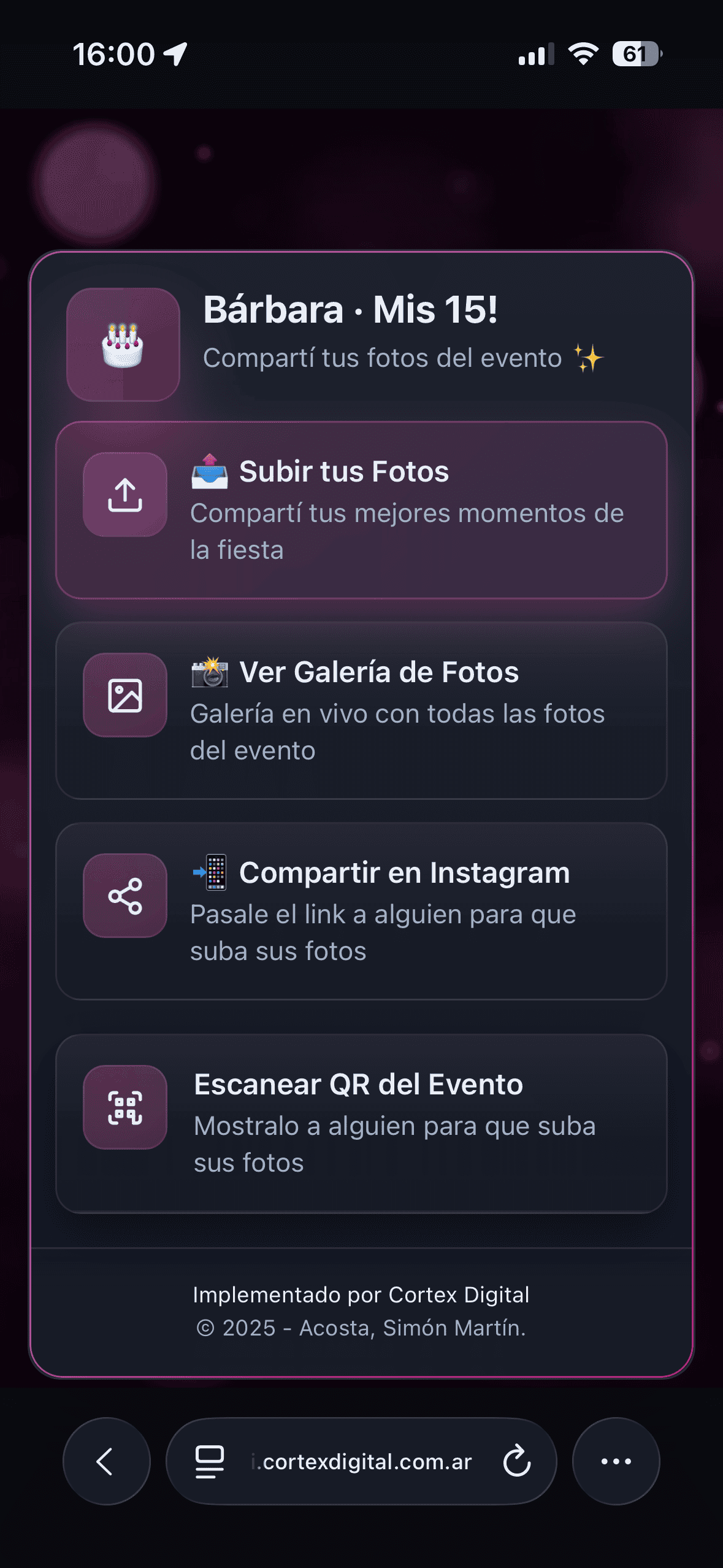 Interfaz móvil del evento de Bárbara, donde los invitados suben sus fotos y acceden a la galería en vivo.