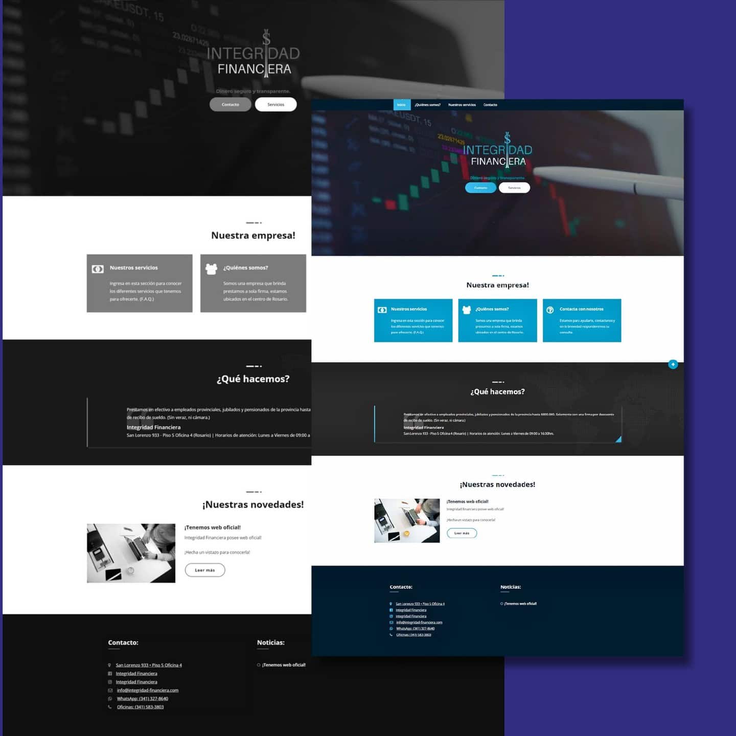 Vista de la web de Integridad Financiera con el módulo de contacto y chat en vivo